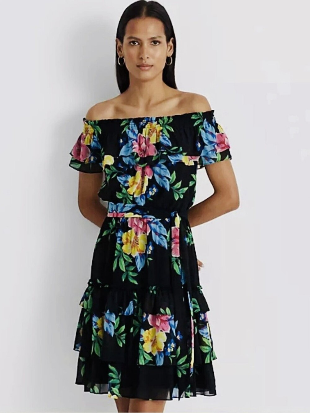 Ralph Lauren Dress Floral Georgette Off Shoulder Ruffle Size 8